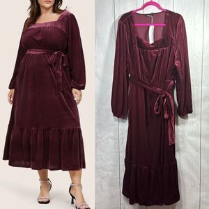 BloomChic Burgundy Velvet Midi Dress Romantic Holiday Party Glam Chic Whimsigoth